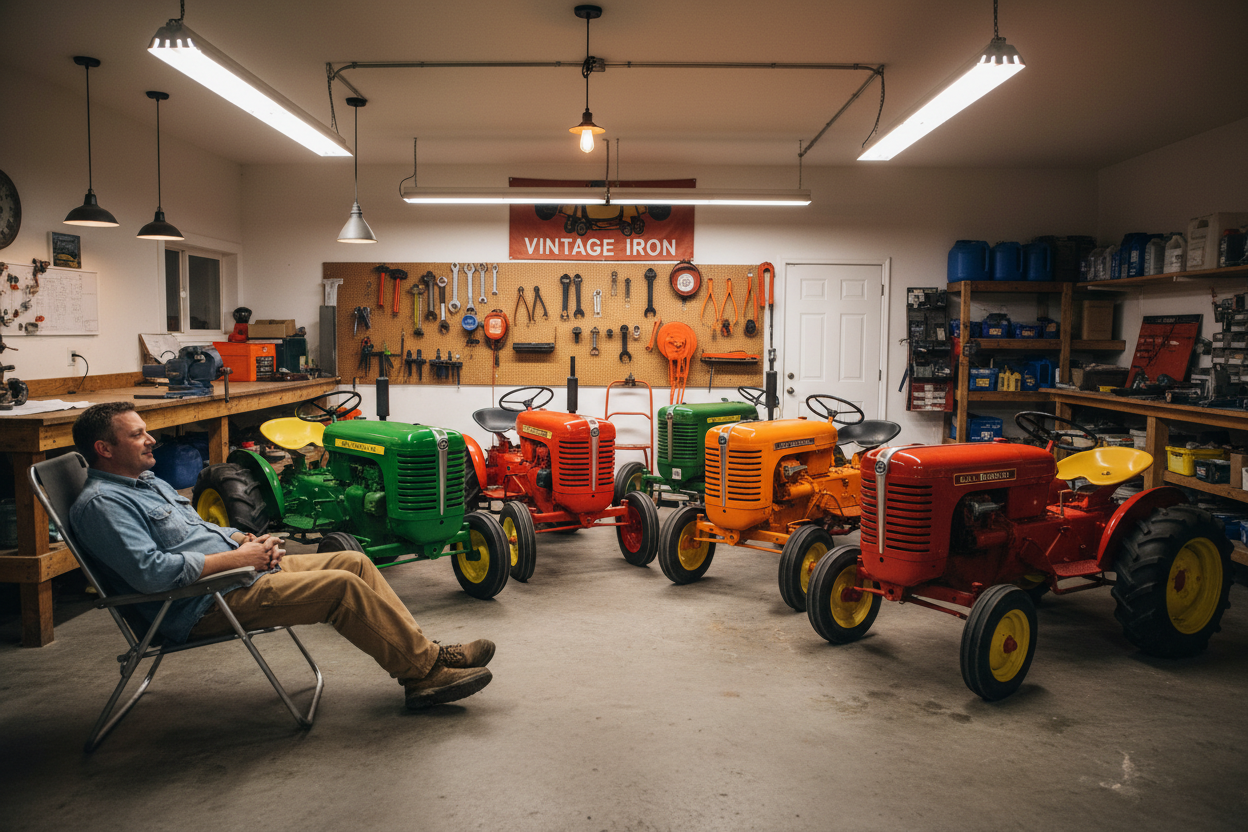 a guy sitting in his shop in a lawn chair, admiring his garden tractors